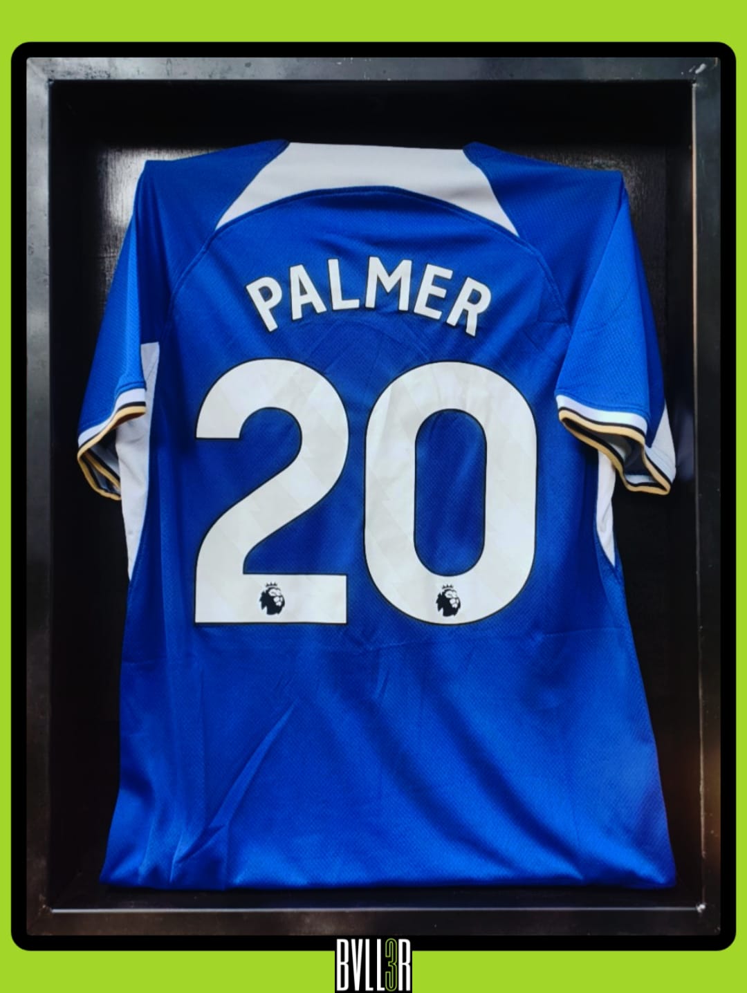 Cole Palmer Chelsea 2023/24 kit in BVLL3R's acrylic case, featuring match-worn look and holographic season recap of goals, penalties, and assists.