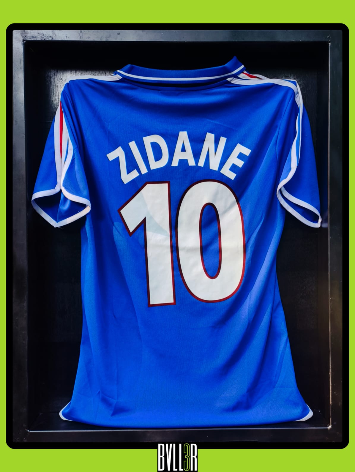 Zinedine Zidane France EURO 2000 kit displayed in BVLL3R case, with hologram upload featuring his highlights from the tournament—dribbles, passes, and set-piece brilliance.